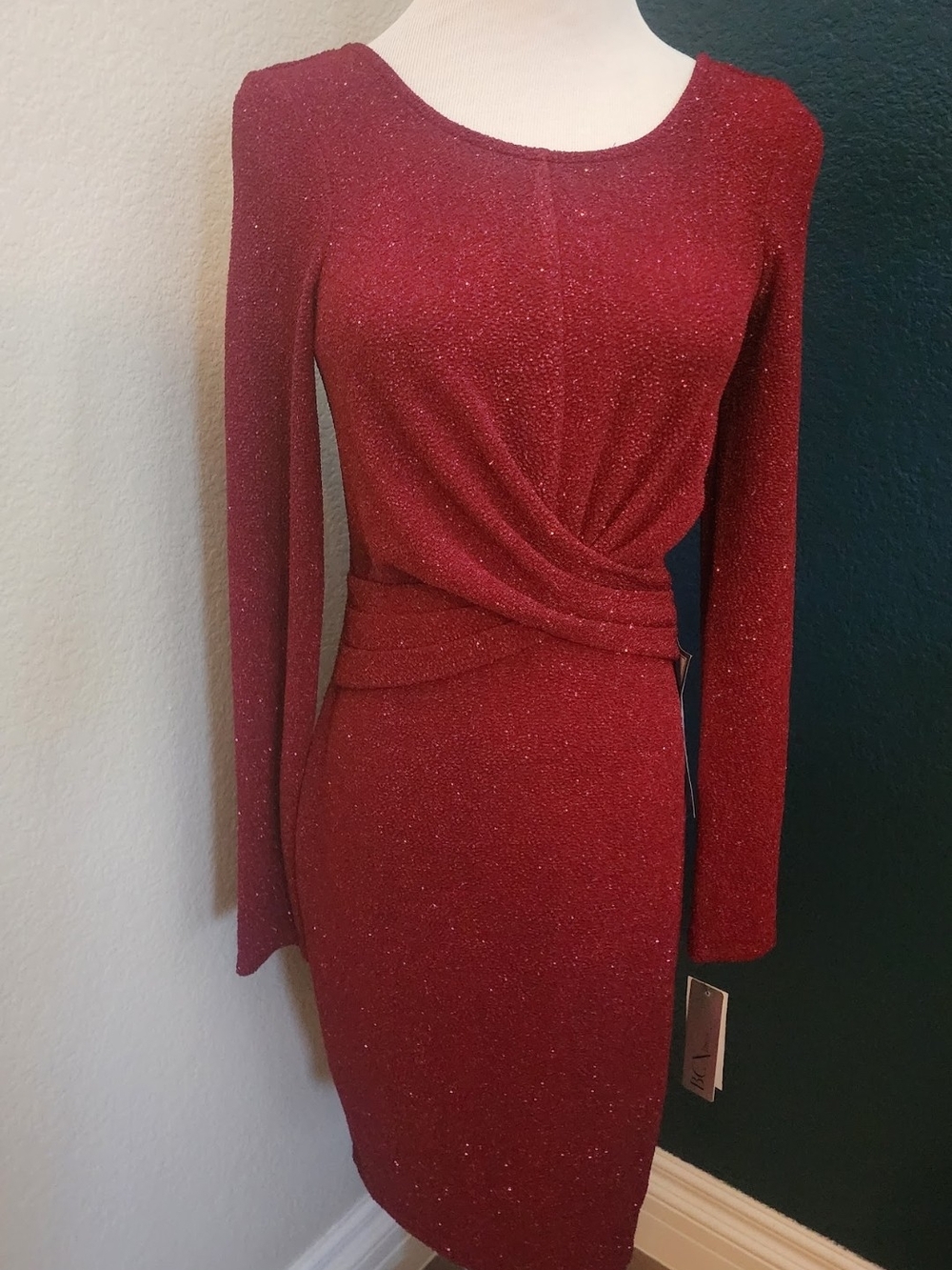 BCX Sparkling Burgundy Long-Sleeve Wrap-Detail Dress